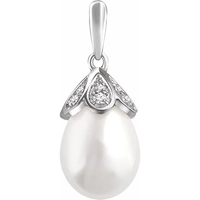 14K White Freshwater Cultured Pearl 18 CTW Diamond Pendant TreasureFineJewelers Necklaces 14K White Freshwater Cultured Pearl 18 CTW Diamond Pendant TreasureFineJewelers Necklaces