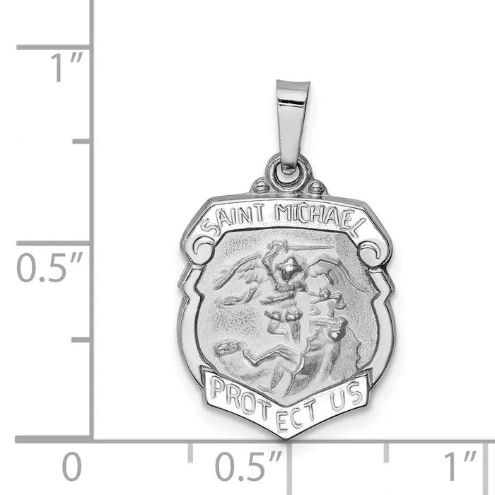 Necklaces TreasureFineJewelers 14k White Gold Polished and Satin St Michael Medal Hollow Pendant