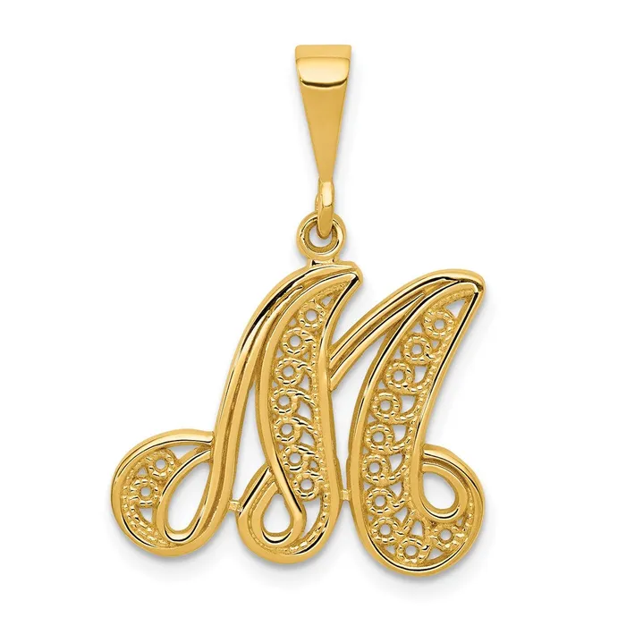 TreasureFineJewelers Necklaces 14k Yellow Gold Polished Script Filigree Letter M Initial Pendant TreasureFineJewelers Necklaces 14k Yellow Gold Polished Script Filigree Letter M Initial Pendant