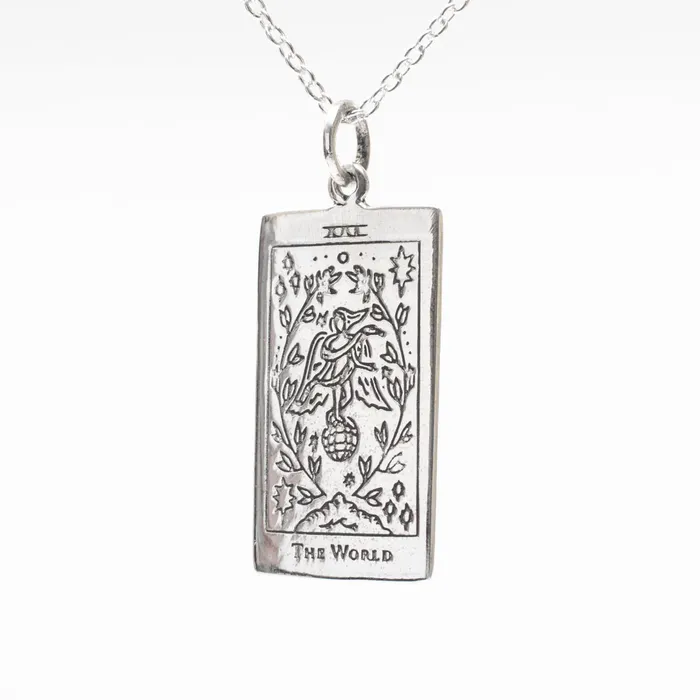 Silver Lotus The World Tarot Card Necklace Necklaces