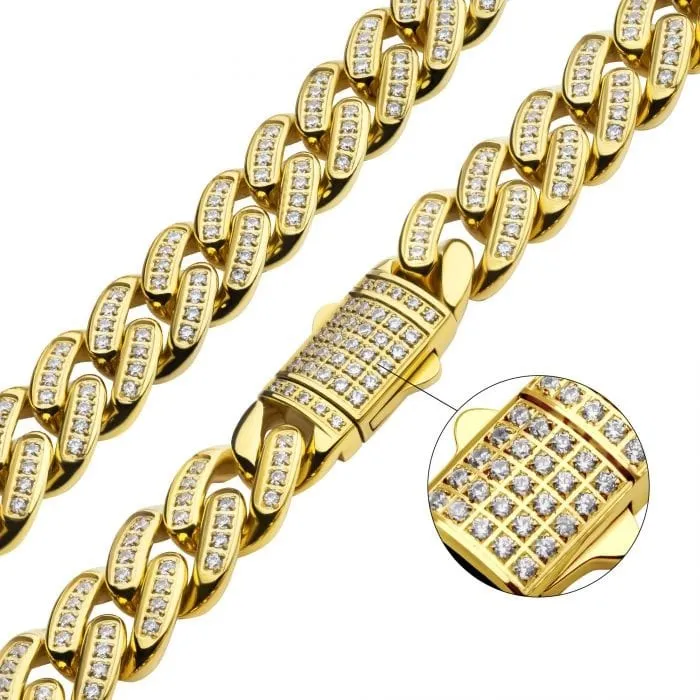 INOX JEWELRY Necklaces 18K Gold Plated Stainless Steel 12mm Miami Cuban Necklace with Cubic Zirconia Double Tab Box Clasp Chain