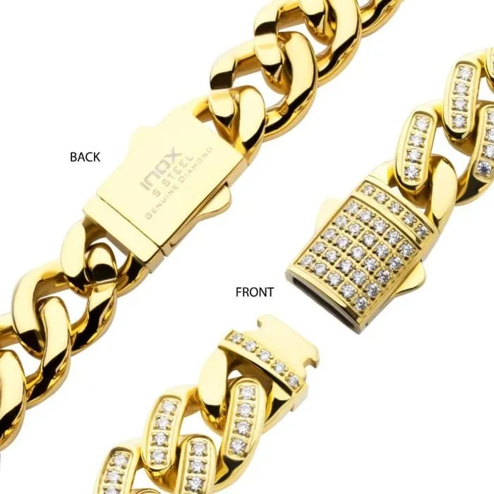 INOX JEWELRY Necklaces 18K Gold Plated Stainless Steel 12mm Miami Cuban Necklace with Cubic Zirconia Double Tab Box Clasp Chain