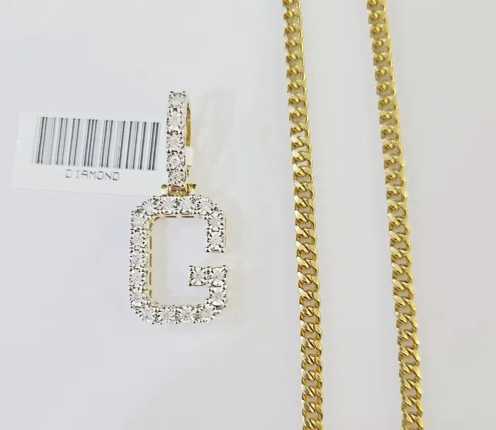 Gold and Diamond 10k Gold Genuine Diamond G Initial Pendent with 20 Inch 3mm Miami Cuban Chain Necklaces