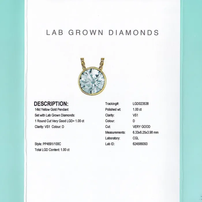 Necklaces Diamond Evolution 14kt Yellow Gold 100ct Round Bezel Setting LabGrown Diamond Pendant