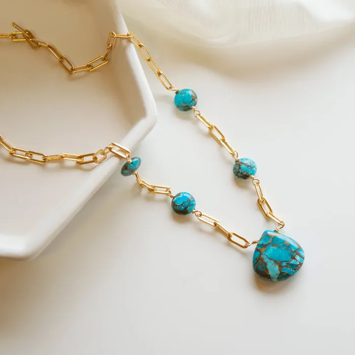 Copper Infused Turquoise Pendant on Paperclip Chain Elisa Ilana Necklaces