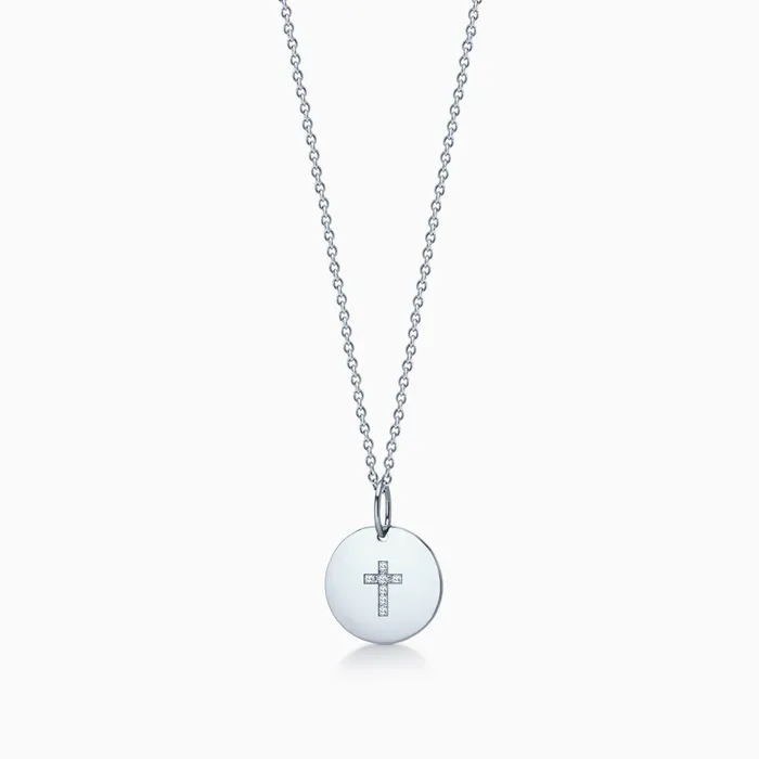 Necklaces 12 inch Engravable 14k White Gold Disc Charm Necklace with Diamond Cross Small Sandy Steven Engravers Necklaces 12 inch Engravable 14k White Gold Disc Charm Necklace with Diamond Cross Small Sandy Steven Engravers